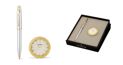 Sheaffer 300 Ballpoint Pen with Table Clock – Glossy Black with Gold Trims